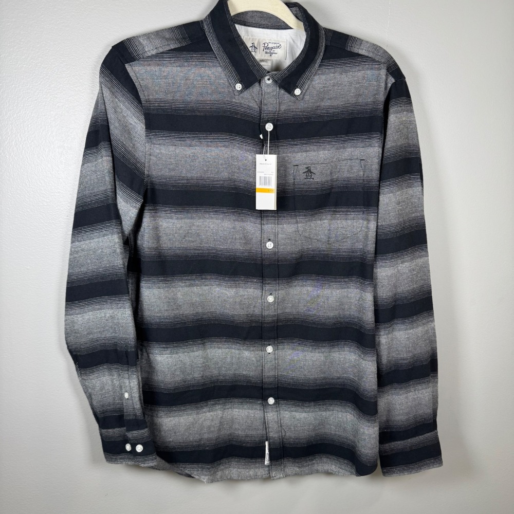 Original Penguin Mens Gray Flannel Ombre Stripe Button Down Shirt OCWH2002 Small